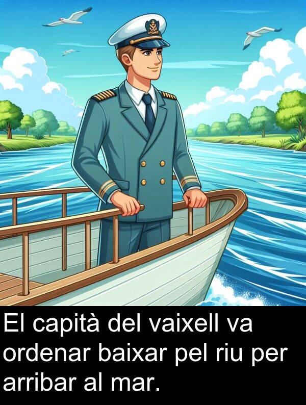 capità: El capità del vaixell va ordenar baixar pel riu per arribar al mar.