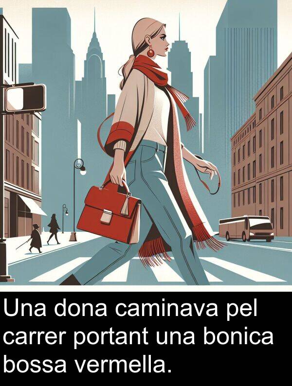 bonica: Una dona caminava pel carrer portant una bonica bossa vermella.