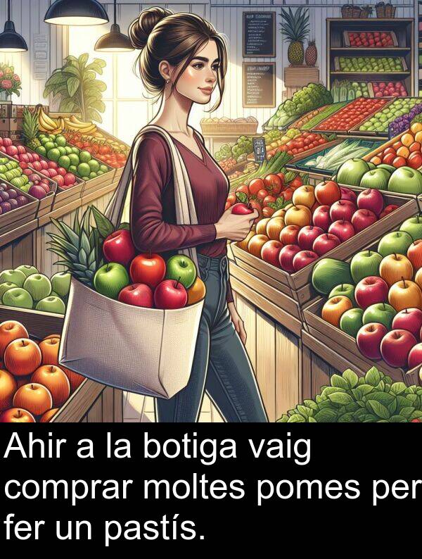 pastís: Ahir a la botiga vaig comprar moltes pomes per fer un pastís.