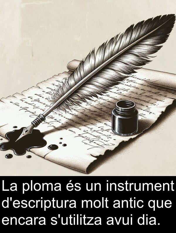 encara: La ploma és un instrument d'escriptura molt antic que encara s'utilitza avui dia.
