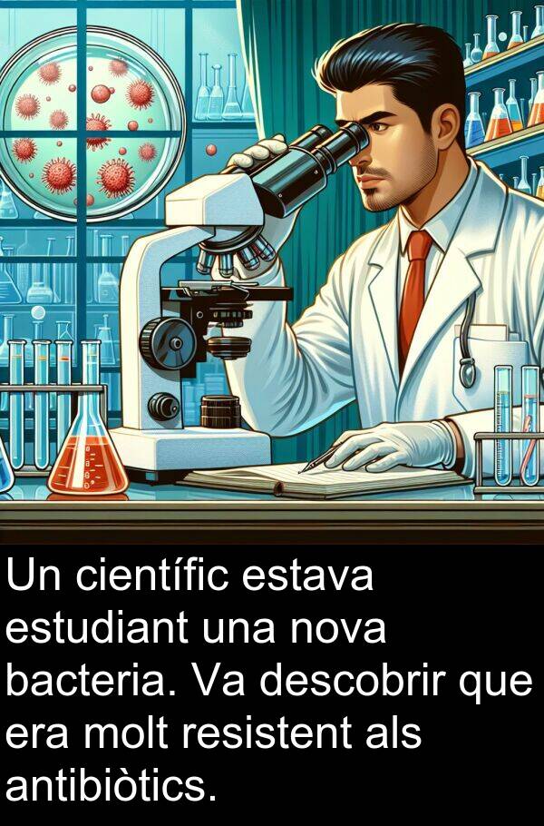 descobrir: Un científic estava estudiant una nova bacteria. Va descobrir que era molt resistent als antibiòtics.
