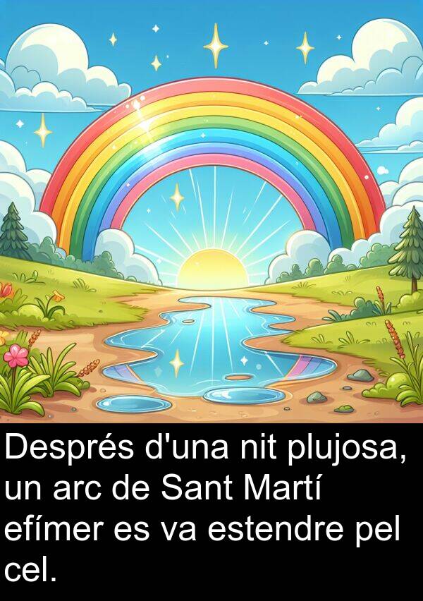 efímer: Després d'una nit plujosa, un arc de Sant Martí efímer es va estendre pel cel.