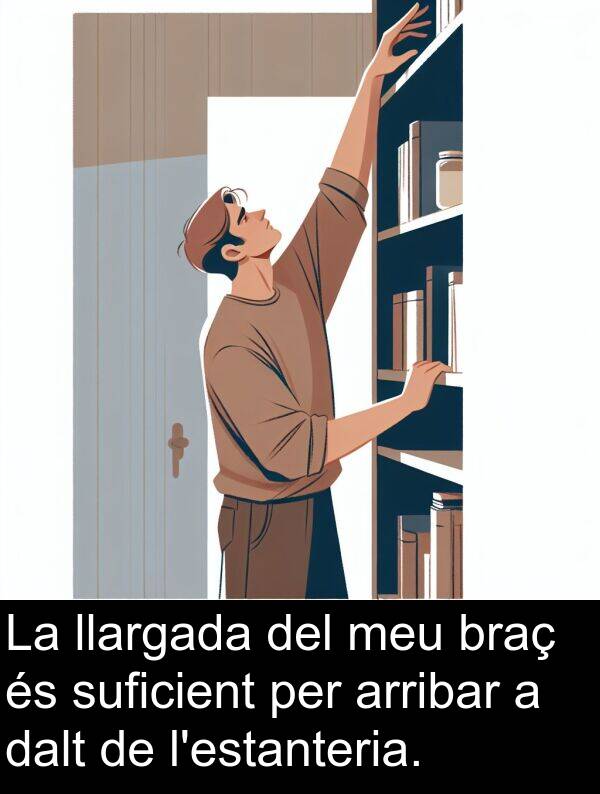 arribar: La llargada del meu braç és suficient per arribar a dalt de l'estanteria.