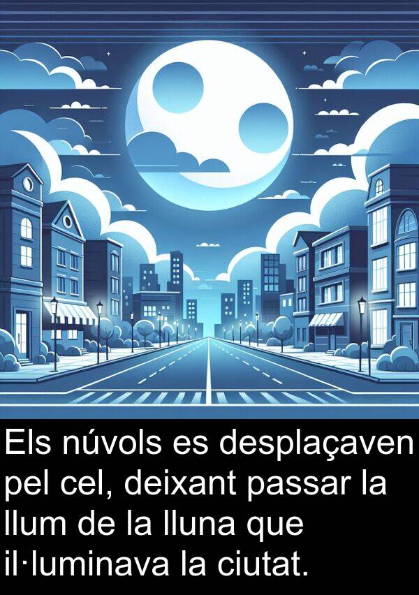núvols: Els núvols es desplaçaven pel cel, deixant passar la llum de la lluna que il·luminava la ciutat.