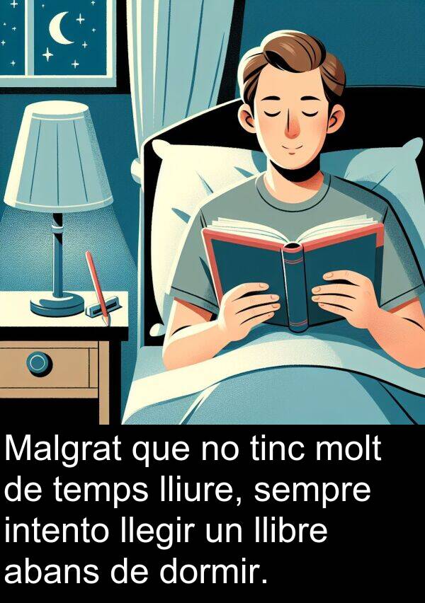 llegir: Malgrat que no tinc molt de temps lliure, sempre intento llegir un llibre abans de dormir.
