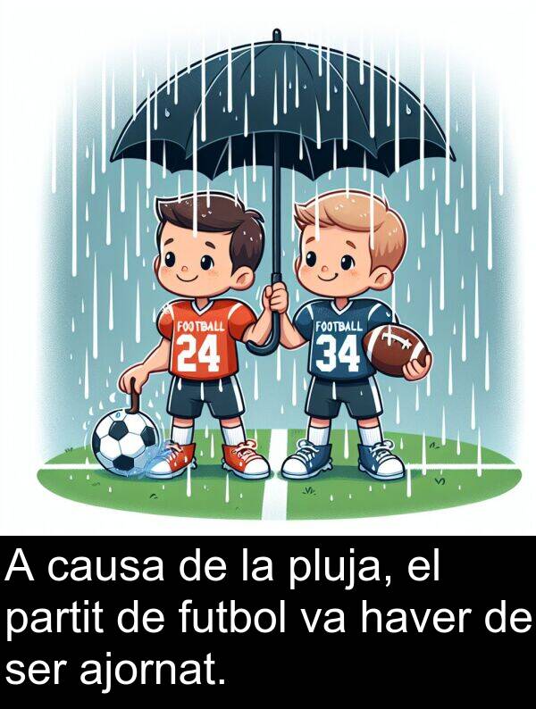 causa: A causa de la pluja, el partit de futbol va haver de ser ajornat.
