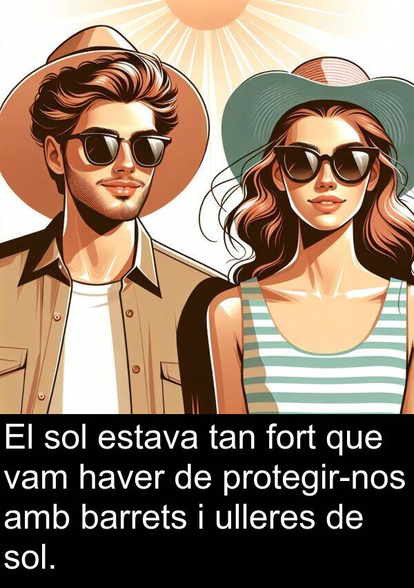 haver: El sol estava tan fort que vam haver de protegir-nos amb barrets i ulleres de sol.