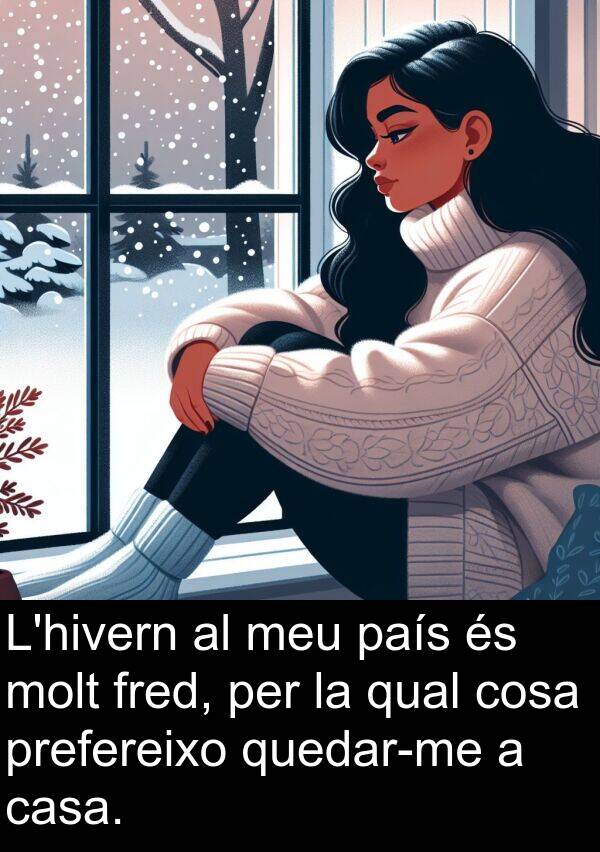fred: L'hivern al meu país és molt fred, per la qual cosa prefereixo quedar-me a casa.