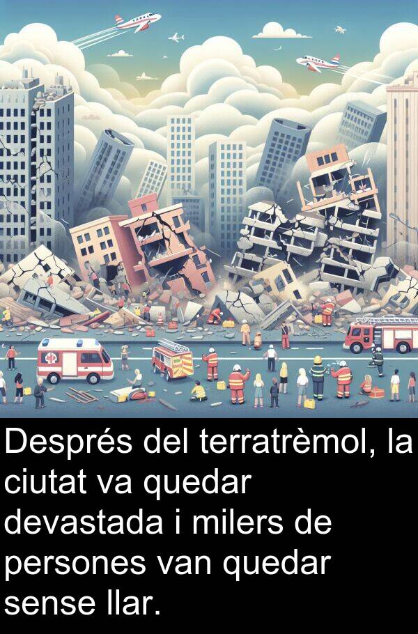 terratrèmol: Després del terratrèmol, la ciutat va quedar devastada i milers de persones van quedar sense llar.