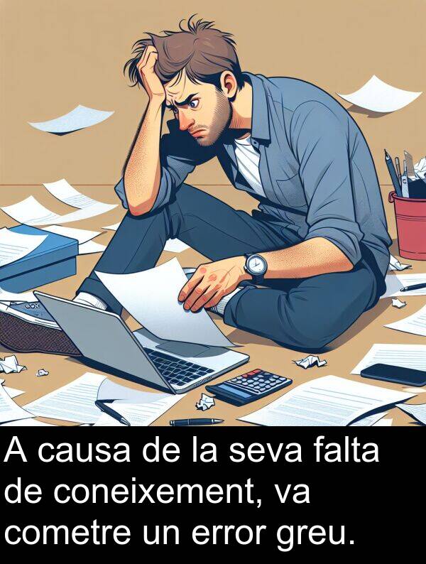 causa: A causa de la seva falta de coneixement, va cometre un error greu.