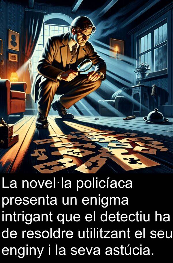 policíaca: La novel·la policíaca presenta un enigma intrigant que el detectiu ha de resoldre utilitzant el seu enginy i la seva astúcia.