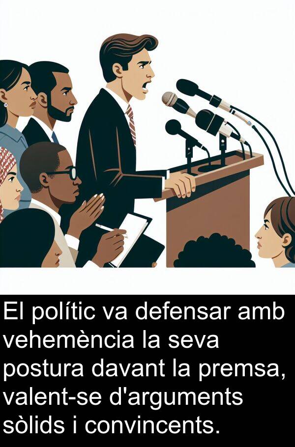 polític: El polític va defensar amb vehemència la seva postura davant la premsa, valent-se d'arguments sòlids i convincents.