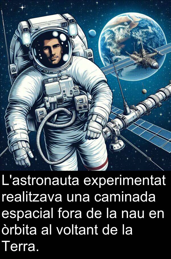 experimentat: L'astronauta experimentat realitzava una caminada espacial fora de la nau en òrbita al voltant de la Terra.