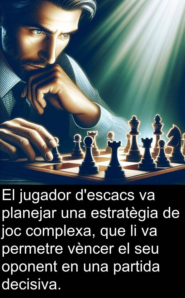 decisiva: El jugador d'escacs va planejar una estratègia de joc complexa, que li va permetre vèncer el seu oponent en una partida decisiva.