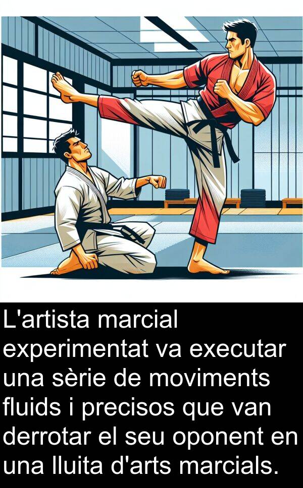 lluita: L'artista marcial experimentat va executar una sèrie de moviments fluids i precisos que van derrotar el seu oponent en una lluita d'arts marcials.
