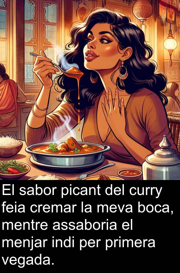 feia: El sabor picant del curry feia cremar la meva boca, mentre assaboria el menjar indi per primera vegada.