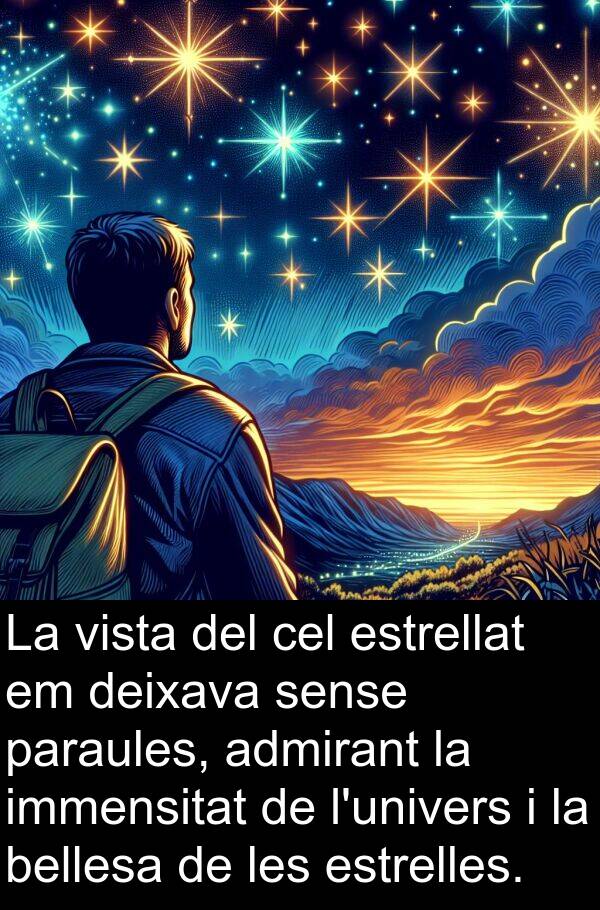admirant: La vista del cel estrellat em deixava sense paraules, admirant la immensitat de l'univers i la bellesa de les estrelles.