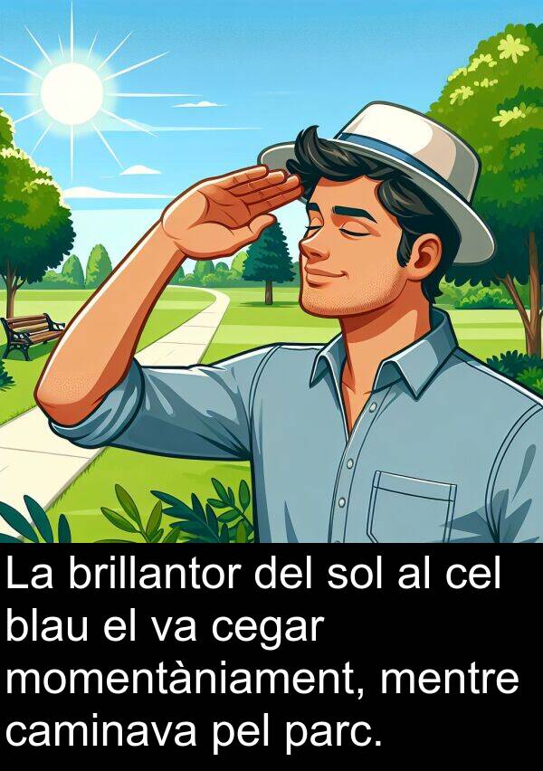 caminava: La brillantor del sol al cel blau el va cegar momentàniament, mentre caminava pel parc.