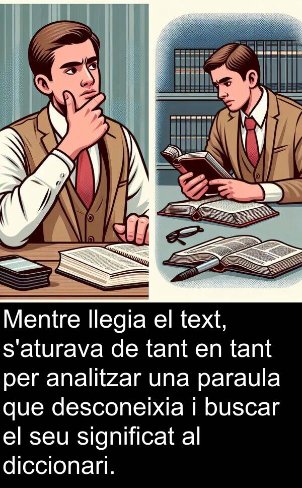 llegia: Mentre llegia el text, s'aturava de tant en tant per analitzar una paraula que desconeixia i buscar el seu significat al diccionari.