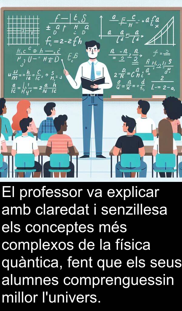 explicar: El professor va explicar amb claredat i senzillesa els conceptes més complexos de la física quàntica, fent que els seus alumnes comprenguessin millor l'univers.