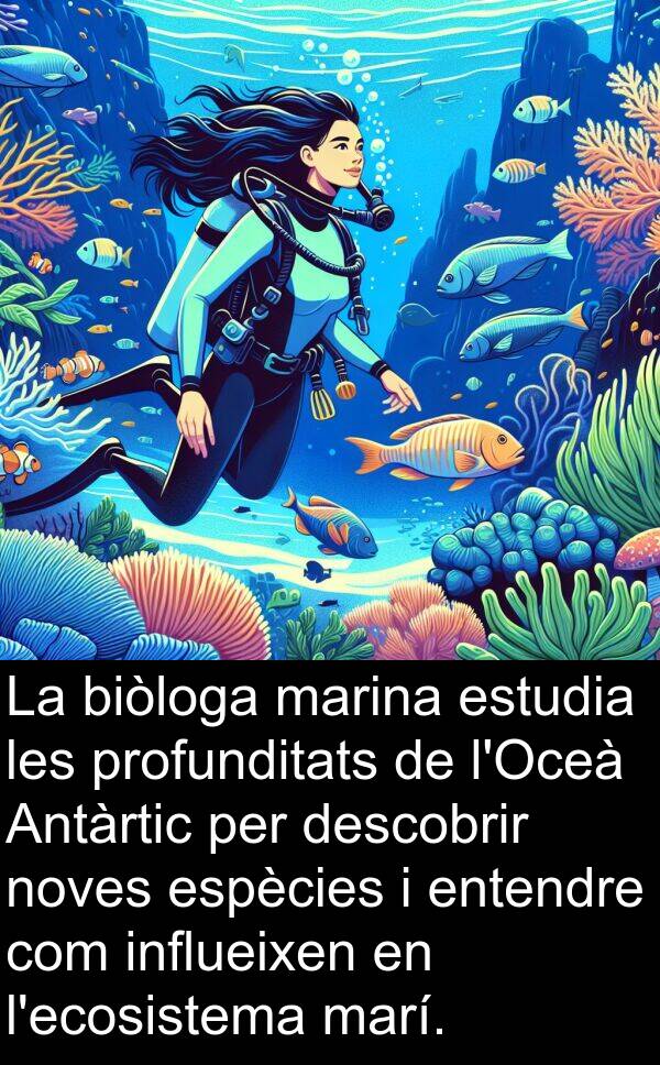 descobrir: La biòloga marina estudia les profunditats de l'Oceà Antàrtic per descobrir noves espècies i entendre com influeixen en l'ecosistema marí.