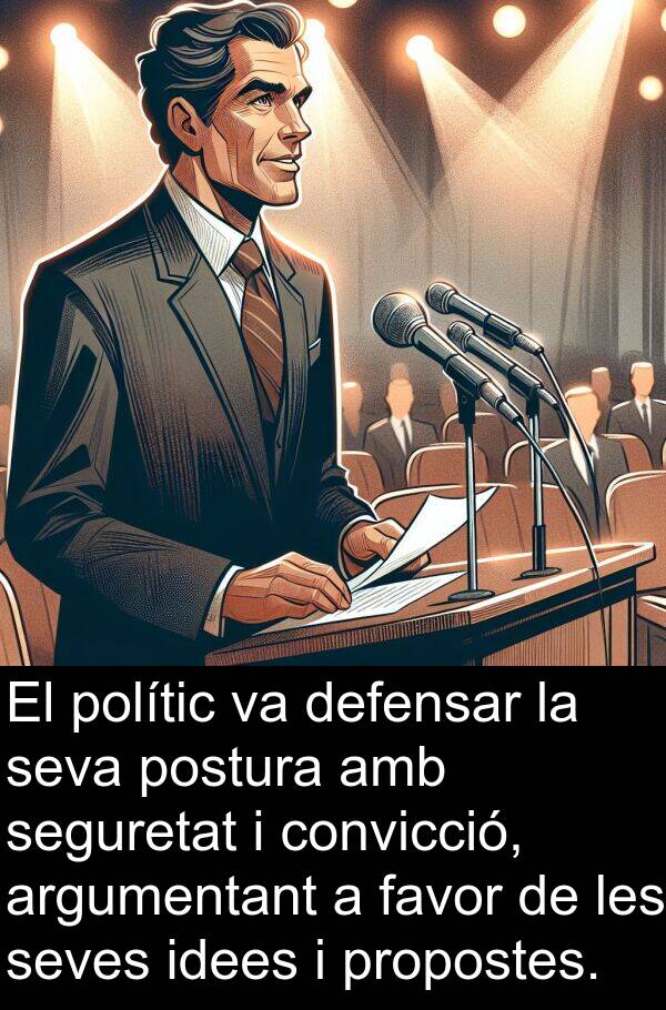 polític: El polític va defensar la seva postura amb seguretat i convicció, argumentant a favor de les seves idees i propostes.