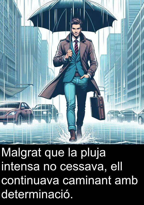 intensa: Malgrat que la pluja intensa no cessava, ell continuava caminant amb determinació.
