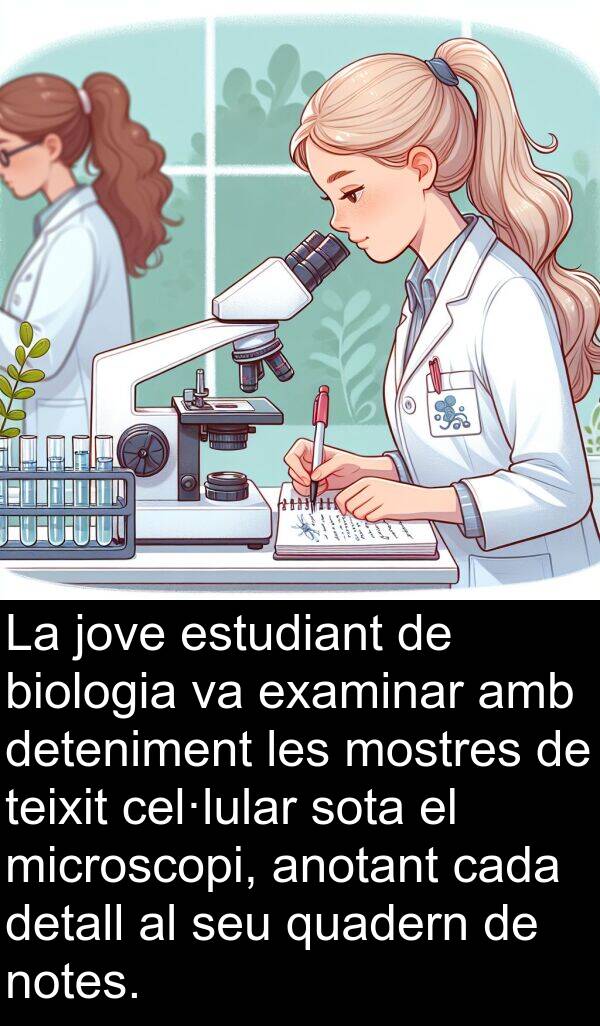 biologia: La jove estudiant de biologia va examinar amb deteniment les mostres de teixit cel·lular sota el microscopi, anotant cada detall al seu quadern de notes.