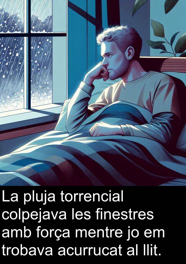 força: La pluja torrencial colpejava les finestres amb força mentre jo em trobava acurrucat al llit.