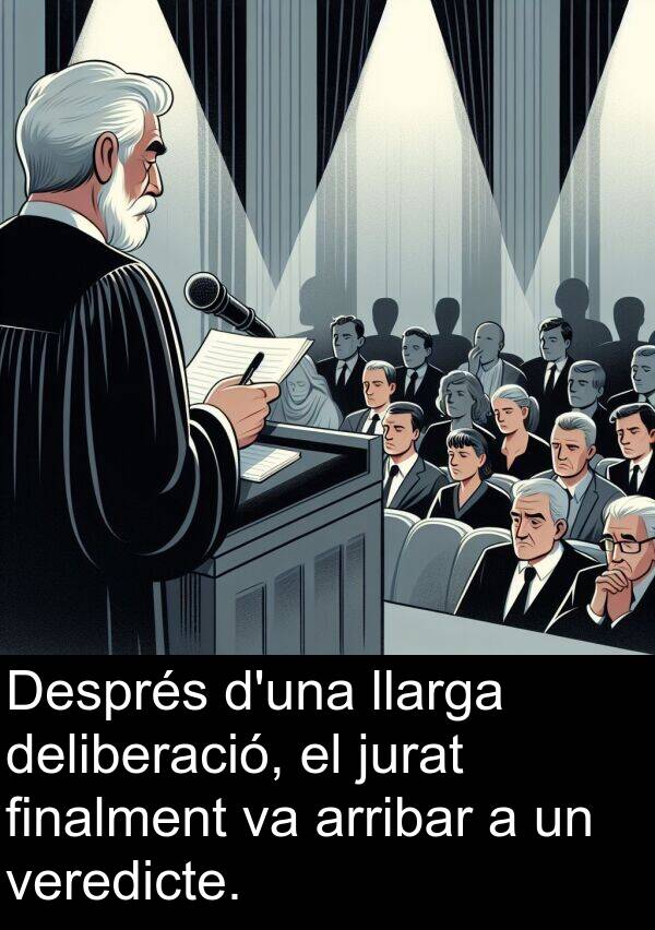 veredicte: Després d'una llarga deliberació, el jurat finalment va arribar a un veredicte.