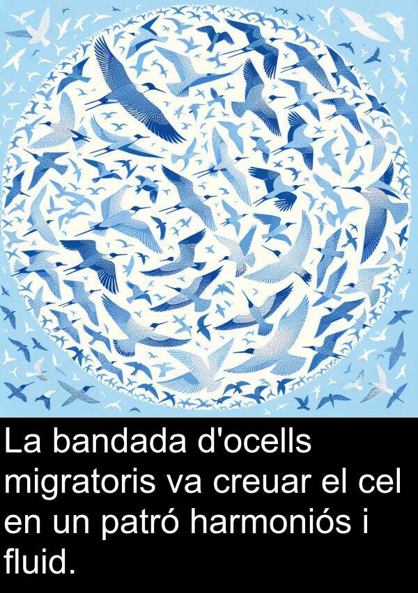 harmoniós: La bandada d'ocells migratoris va creuar el cel en un patró harmoniós i fluid.