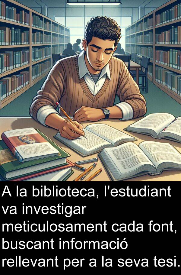 tesi: A la biblioteca, l'estudiant va investigar meticulosament cada font, buscant informació rellevant per a la seva tesi.