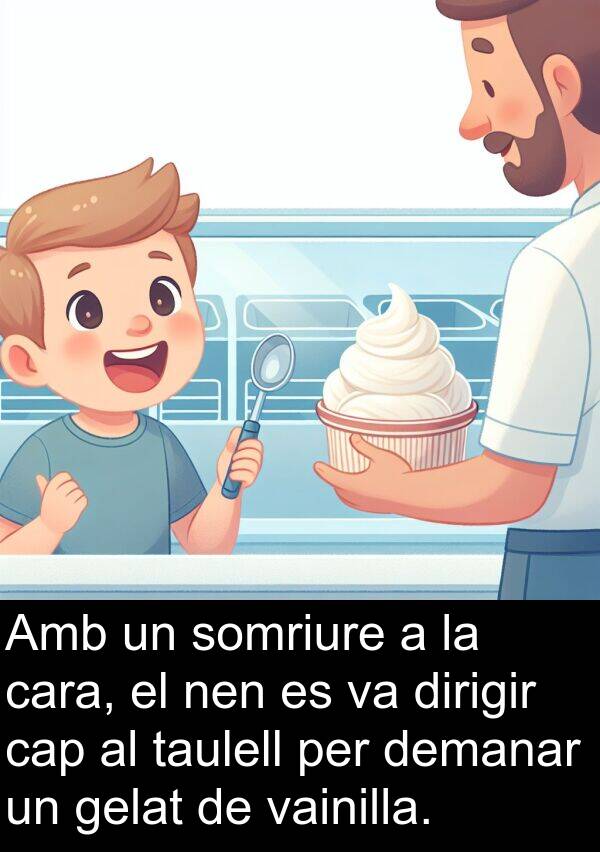 dirigir: Amb un somriure a la cara, el nen es va dirigir cap al taulell per demanar un gelat de vainilla.