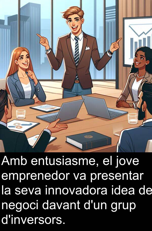 negoci: Amb entusiasme, el jove emprenedor va presentar la seva innovadora idea de negoci davant d'un grup d'inversors.
