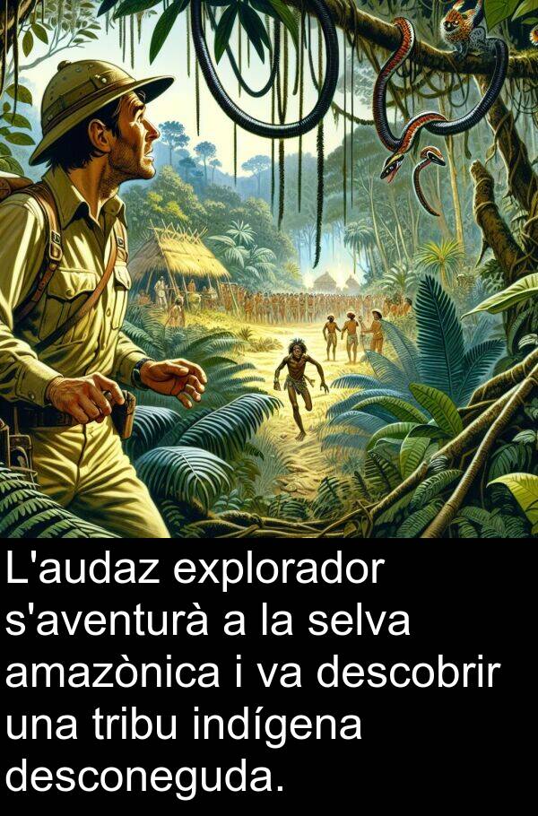 descobrir: L'audaz explorador s'aventurà a la selva amazònica i va descobrir una tribu indígena desconeguda.