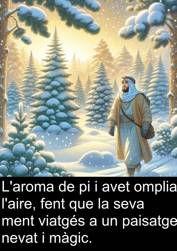 viatgés: L'aroma de pi i avet omplia l'aire, fent que la seva ment viatgés a un paisatge nevat i màgic.