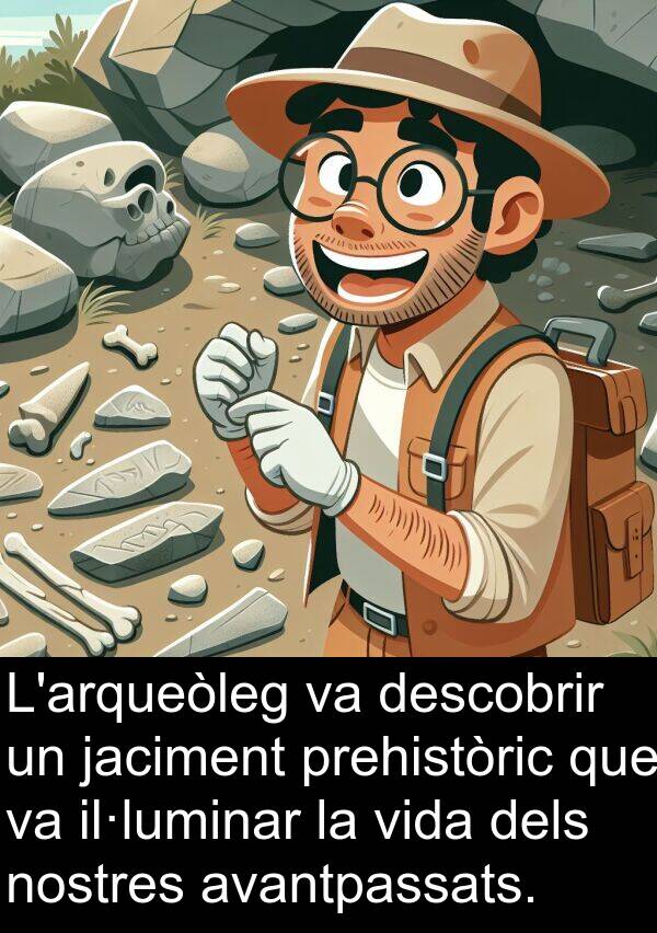 descobrir: L'arqueòleg va descobrir un jaciment prehistòric que va il·luminar la vida dels nostres avantpassats.