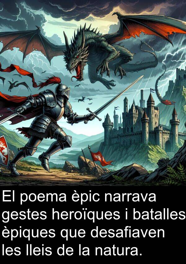 poema: El poema èpic narrava gestes heroïques i batalles èpiques que desafiaven les lleis de la natura.