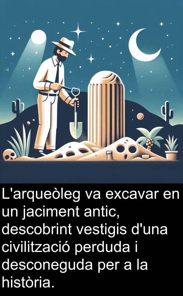 descobrint: L'arqueòleg va excavar en un jaciment antic, descobrint vestigis d'una civilització perduda i desconeguda per a la història.