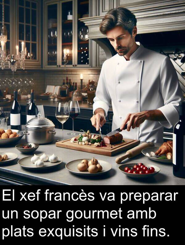 xef: El xef francès va preparar un sopar gourmet amb plats exquisits i vins fins.