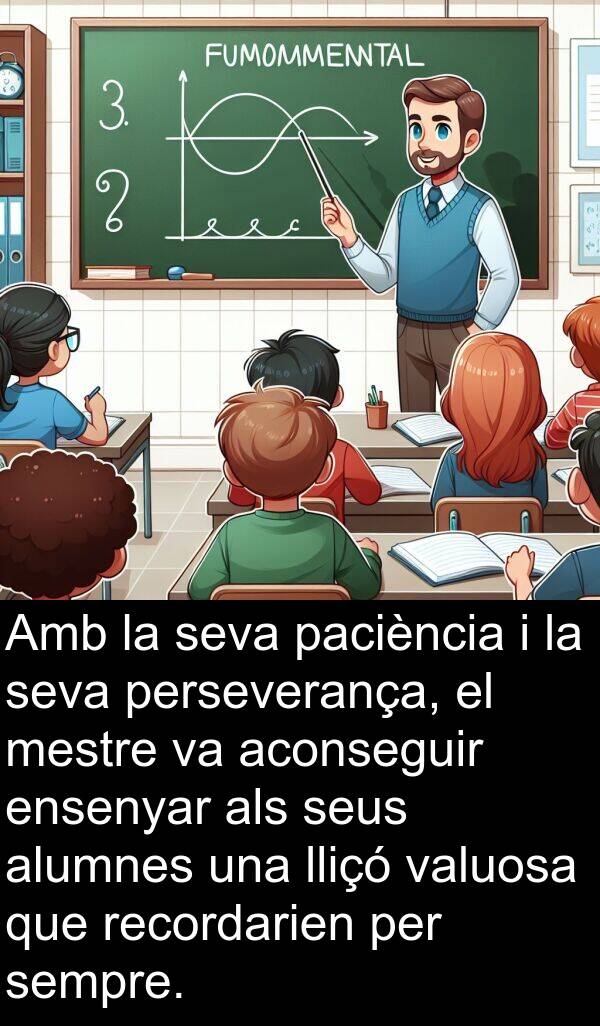 mestre: Amb la seva paciència i la seva perseverança, el mestre va aconseguir ensenyar als seus alumnes una lliçó valuosa que recordarien per sempre.