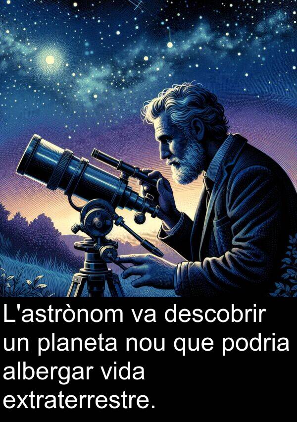 descobrir: L'astrònom va descobrir un planeta nou que podria albergar vida extraterrestre.