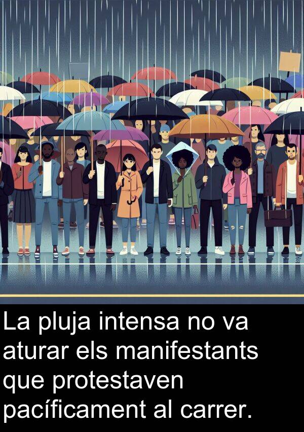 intensa: La pluja intensa no va aturar els manifestants que protestaven pacíficament al carrer.