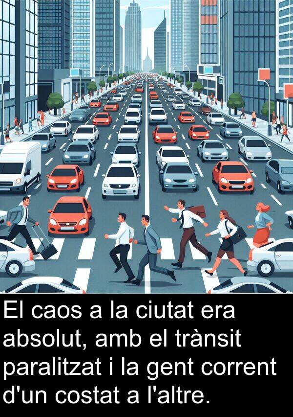caos: El caos a la ciutat era absolut, amb el trànsit paralitzat i la gent corrent d'un costat a l'altre.