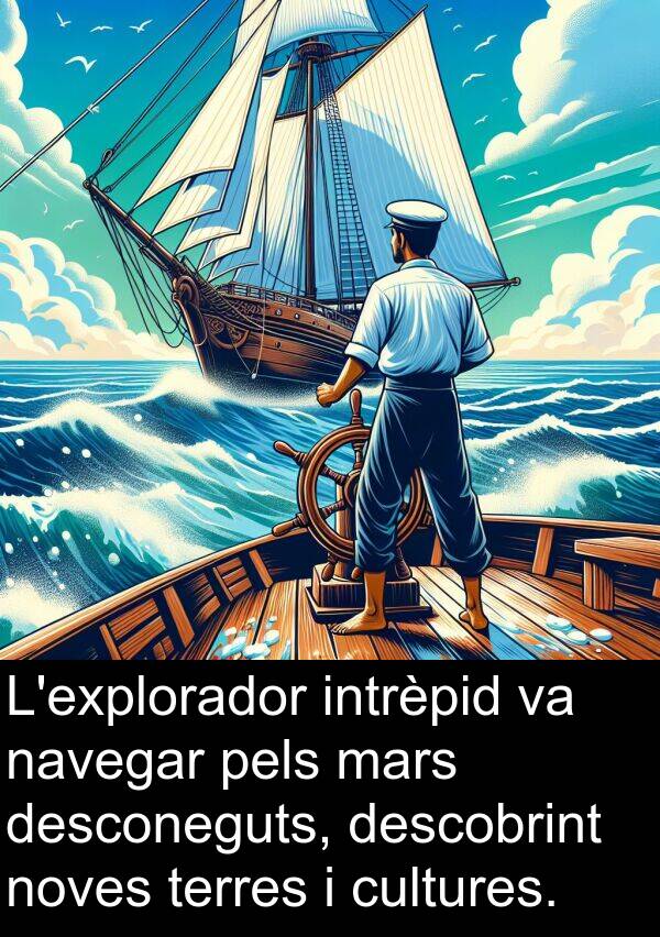 navegar: L'explorador intrèpid va navegar pels mars desconeguts, descobrint noves terres i cultures.