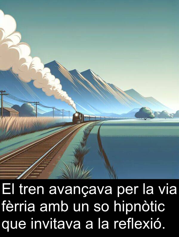 tren: El tren avançava per la via fèrria amb un so hipnòtic que invitava a la reflexió.