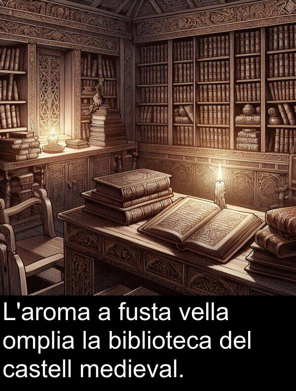 fusta: L'aroma a fusta vella omplia la biblioteca del castell medieval.