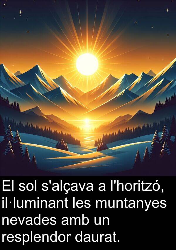 muntanyes: El sol s'alçava a l'horitzó, il·luminant les muntanyes nevades amb un resplendor daurat.
