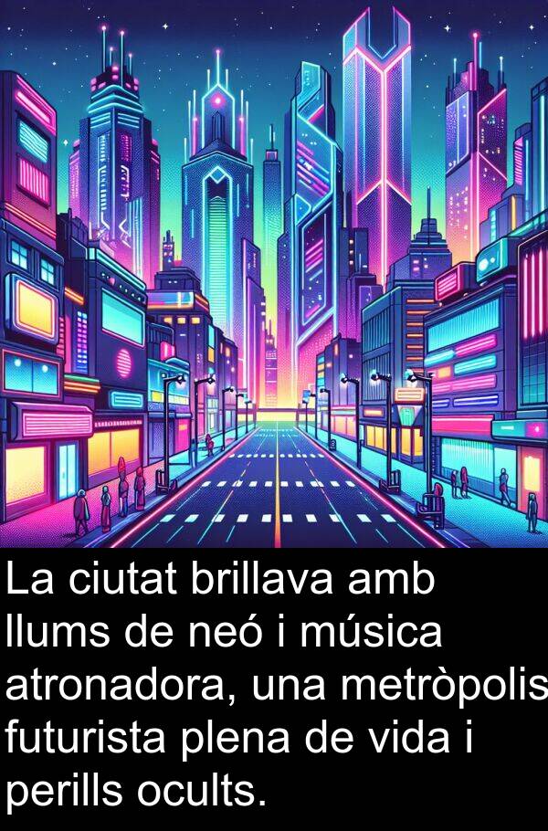llums: La ciutat brillava amb llums de neó i música atronadora, una metròpolis futurista plena de vida i perills ocults.