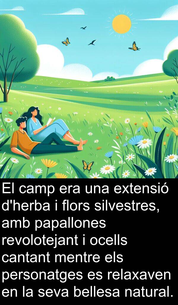 natural: El camp era una extensió d'herba i flors silvestres, amb papallones revolotejant i ocells cantant mentre els personatges es relaxaven en la seva bellesa natural.